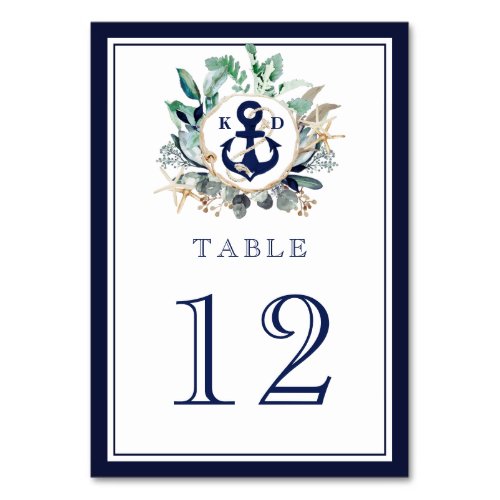 Wedding Monogram Rustic Nautical Watercolor Anchor Table Number