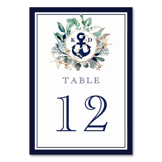 Wedding Monogram Rustic Nautical Watercolor Anchor Table Number (Front)