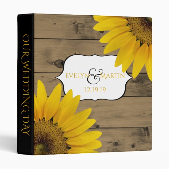 Wedding Monogram | Rustic Wood Sunflowers 3 Ring Binder
