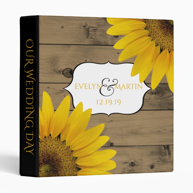 Wedding Monogram | Rustic Wood Sunflowers 3 Ring Binder (Front/Spine)