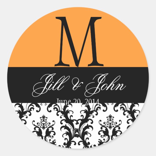 Wedding Monogram Save Date Damask Orange Seal (Front)