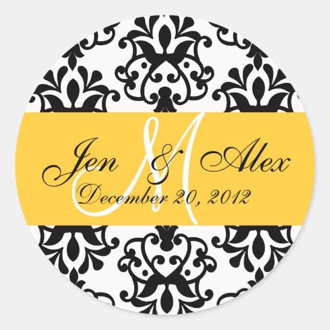 Wedding Monogram Save Date Yellow Damask Seal (Front)