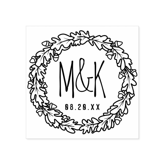 Wedding Monogram Save the Date | Oak Acorn Wreath Rubber Stamp (Imprint)