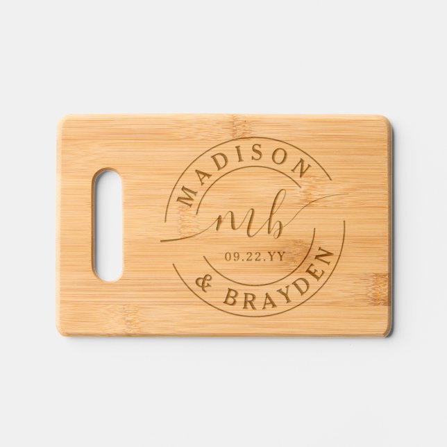 Wedding Monogram Script Personalized Names Engraved Cutting Board (Front)