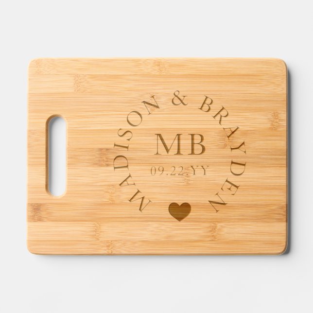Wedding Monogram Script Personalized Names Engraved Cutting Board (Front)