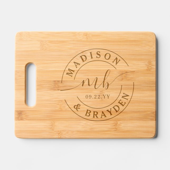 Wedding Monogram Script Personalized Names Engraved Cutting Board (Front)