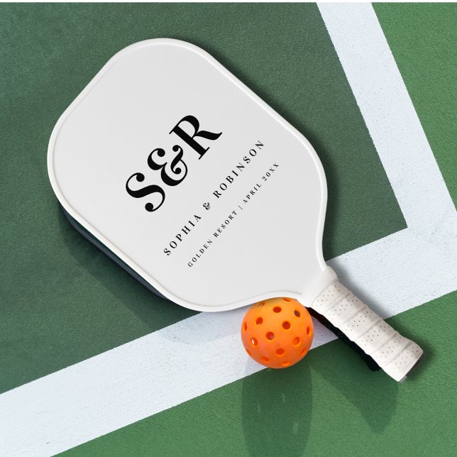 Wedding Monogram Simple Black White  Pickleball Paddle (Creator Uploaded)