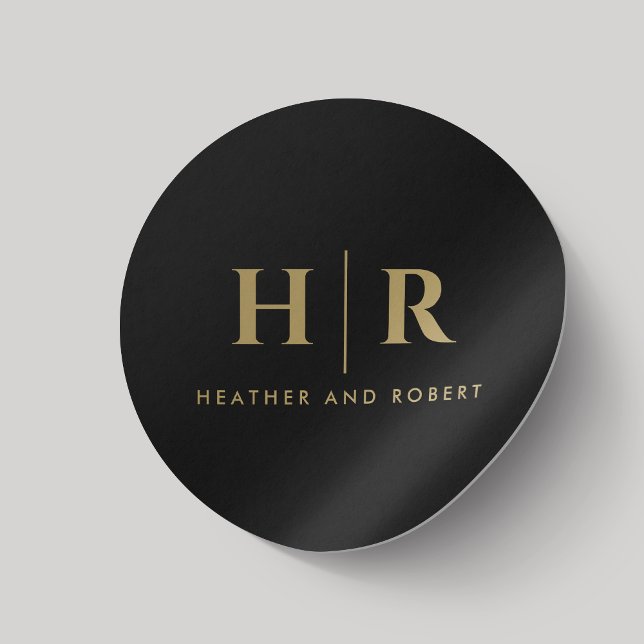 Wedding Monogram Simple Classic Chic Black Gold Round Sticker (Creator Uploaded)
