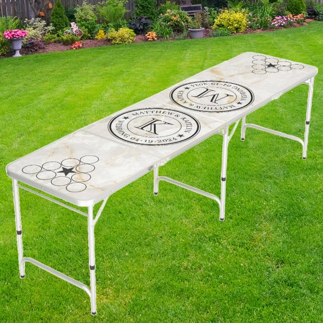 Wedding Monogram Star Calacatta Gold Marble Stone Beer Pong Table (Creator Uploaded)