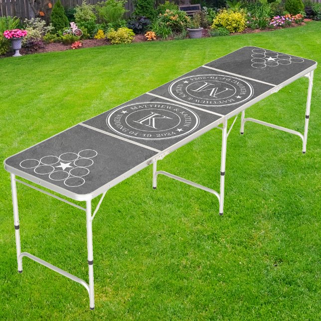 Wedding Monogram Star Dark Slate Stone  Beer Pong Table (Creator Uploaded)