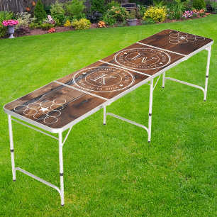 Wedding Monogram Star Glossy Stained Dark Wood Beer Pong Table