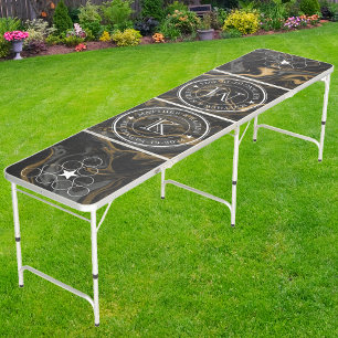 Wedding Monogram Star Gold Black Marble Stone Beer Pong Table