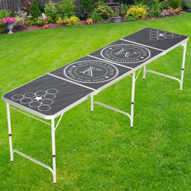Wedding Monogram Star Smooth Dark Granite Stone  Beer Pong Table (Creator Uploaded)