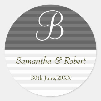 Wedding Monogram Stickers:Green Stripes Classic Round Sticker