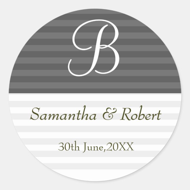 Wedding Monogram Stickers:Green Stripes Classic Round Sticker (Front)