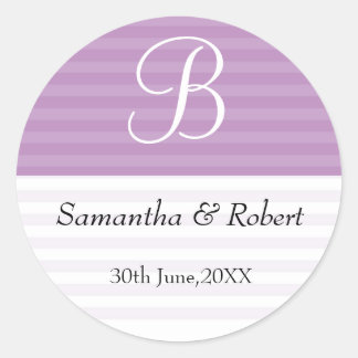 Wedding Monogram Stickers:Purple Stripes Classic Round Sticker