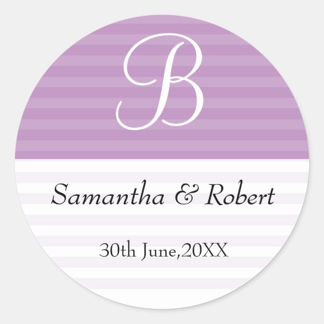 Wedding Monogram Stickers:Purple Stripes Classic Round Sticker (Front)