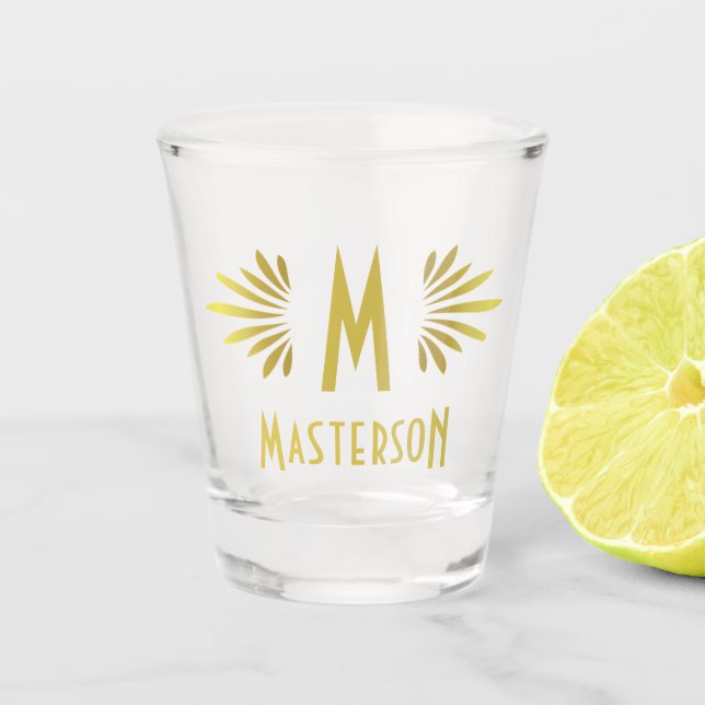 Wedding Monogram Surname Art Deco Gold Flourish Shot Glass (Front)