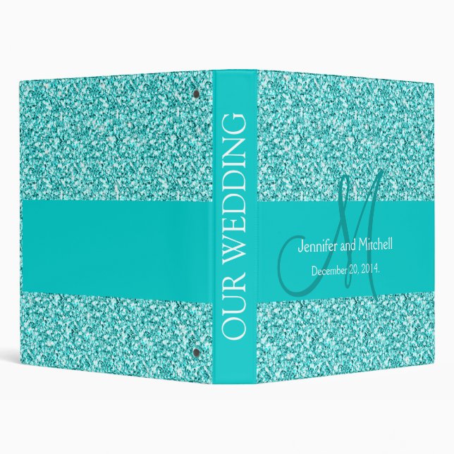 Wedding Monogram Teal Glitter Planner Printed Binder (Background)