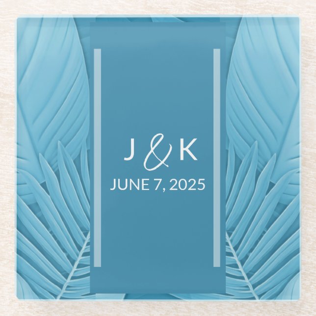 Wedding Monogram | Tropical Teal Glass Coaster (Front)