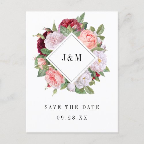 Wedding Monogram Vintage Rose Wreath Save The Date Invitation Postcard