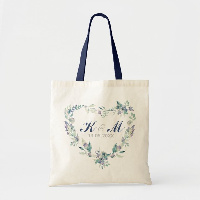 Wedding Monogram Watercolor Heart Floral Wreath Tote Bag (Front)