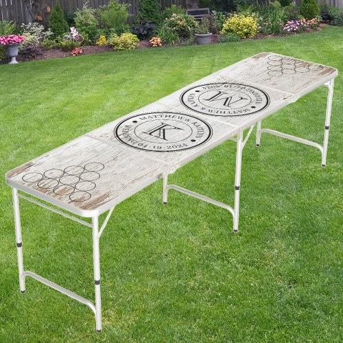 Wedding Monogram Weathered White Washed Wood Beer Pong Table