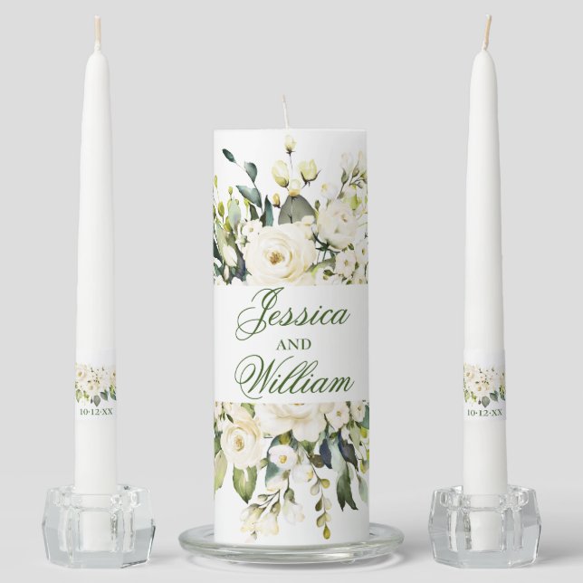 Wedding Monogram White Roses Green Floral Unity Candle Set (Front)