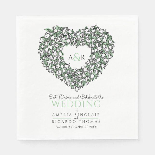 Wedding monogram white tulips wreath ink drawing napkins (Front)