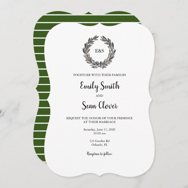 Wedding Monogram Wreath Green Stripe Invitation (Front/Back)