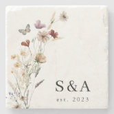 Elegant Watercolor Floral Wildflower Monogram Stone Coaster | Zazzle