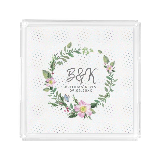 Wedding Monogrammed Dog rose wreath Acrylic Tray (Front)