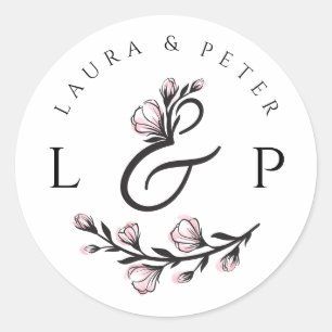 Wedding monograms with floral ampersand  classic round sticker