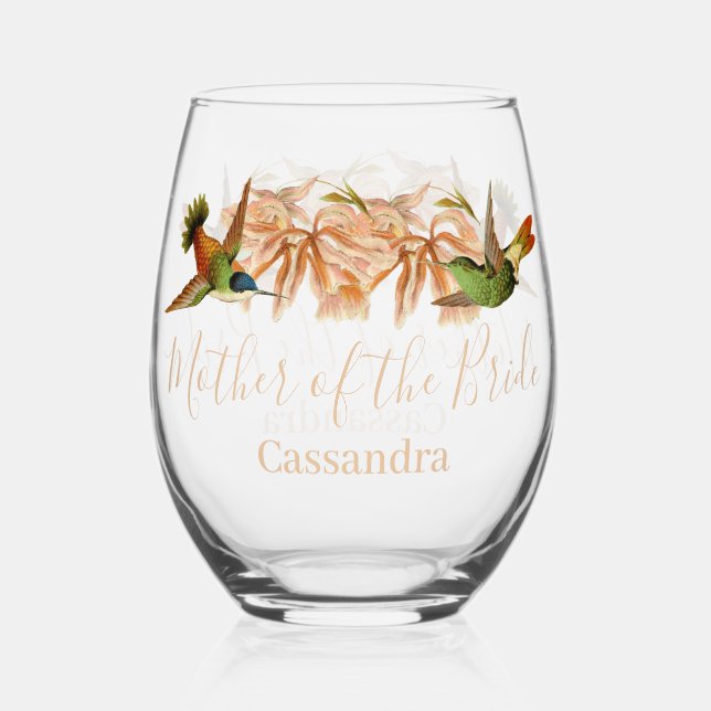 Wedding Mother of Bride Gift Hummingbird  Stemless Wine Glass (Front)