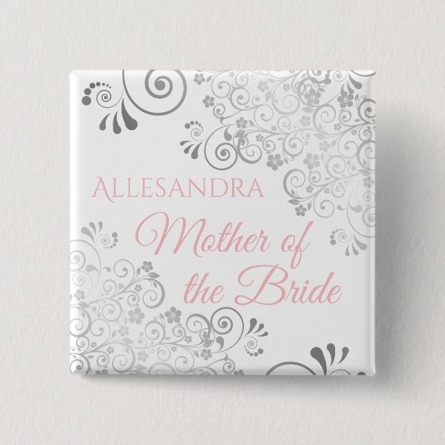Wedding Mother of the Bride Name Tag Pink & Gray Button (Front)