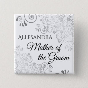 Wedding Mother of the Groom Name Tag Silver Frills Button