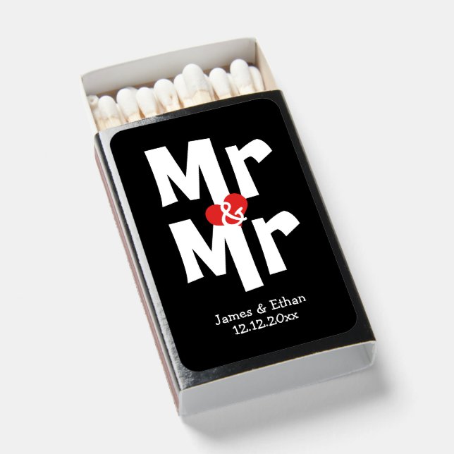 Wedding Mr And Mr Personalized Red Heart Detail Matchboxes (Front Open)