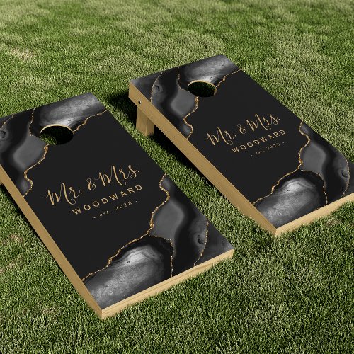 Wedding Mr and Mrs Black Gold Agate Cornhole Set