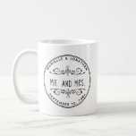 Wedding Mr. And Mrs. Couple Monogrammed Names Coffee Mug<br><div class="desc">This Mr. and Mrs. coffee mug is the perfect wedding gift for the newlyweds or anniversary gift for a married couple. This simple but elegant design features a double ring on the border circle and in the center between two decorative flourishes with hearts it reads "Mr. And Mrs." Above is...</div>