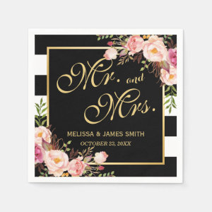 Wedding Mr. and Mrs. Floral Gold Frame Stripes Paper Napkin