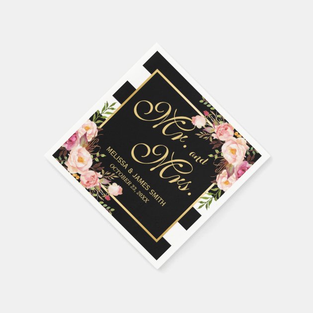 Wedding Mr. And Mrs. Floral Gold Frame Stripes Paper Napkin