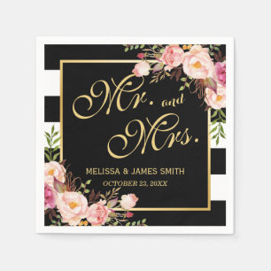 Wedding Mr. and Mrs. Floral Gold Frame Stripes Paper Napkins