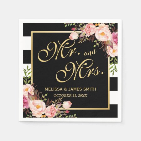 Wedding Mr. And Mrs. Floral Gold Frame Stripes Paper Napkins