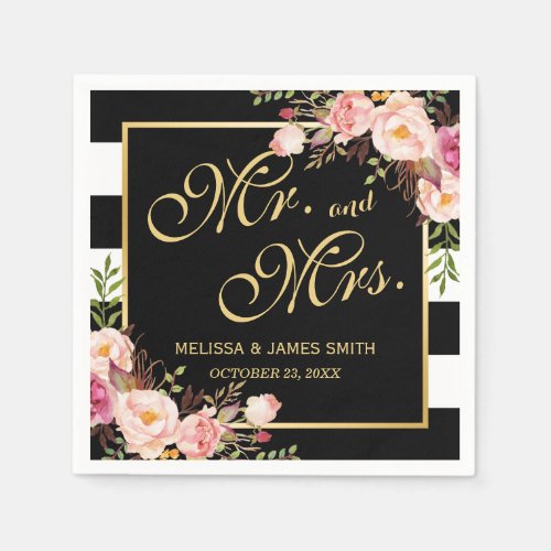 Wedding Mr and Mrs Floral Gold Frame Stripes Paper Napkins