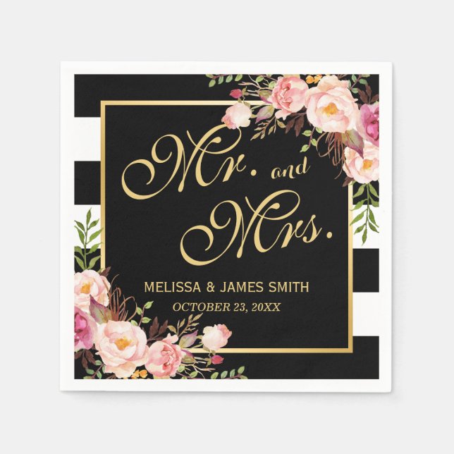 Wedding Mr. and Mrs. Floral Gold Frame Stripes Paper Napkins (Front)
