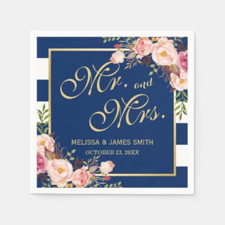 Wedding Mr. and Mrs. Floral Gold Navy Blue Stripes Paper Napkin