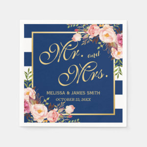 Wedding Mr. and Mrs. Floral Gold Navy Blue Stripes Paper Napkin