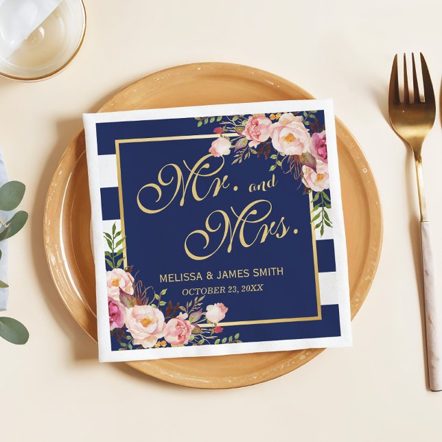 Wedding Mr. and Mrs. Floral Gold Navy Blue Stripes Paper Napkins (Creator Uploaded)