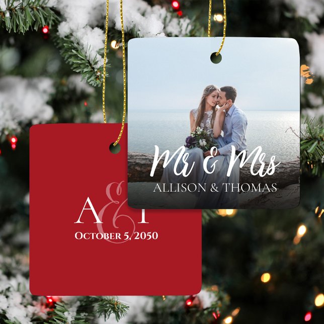 Wedding Mr. and Mrs. Photo Script Custom Ceramic Ornament (Mr. and Mrs. Christmas Tree Photo Ornaments.)