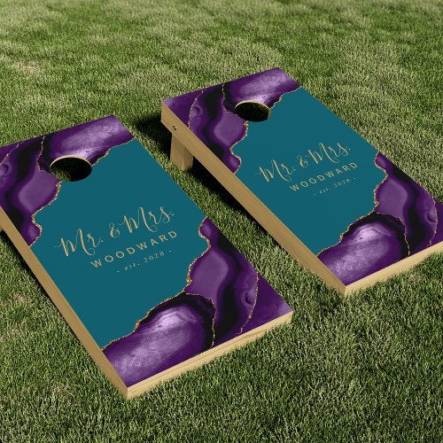 Wedding Mr and Mrs Purple Gold Teal Agate Cornhole Set